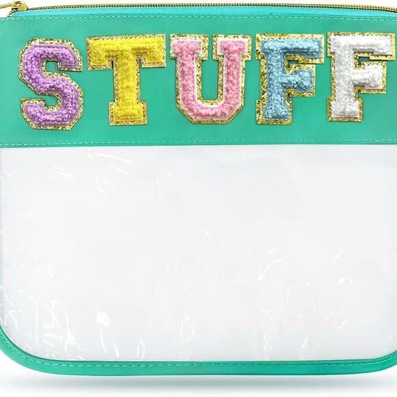 Chenille Letter Clear Travel Zipper Pouch Nylon Makeup Bag, Preppy Makeup Bag Cl - Picture 1 of 8